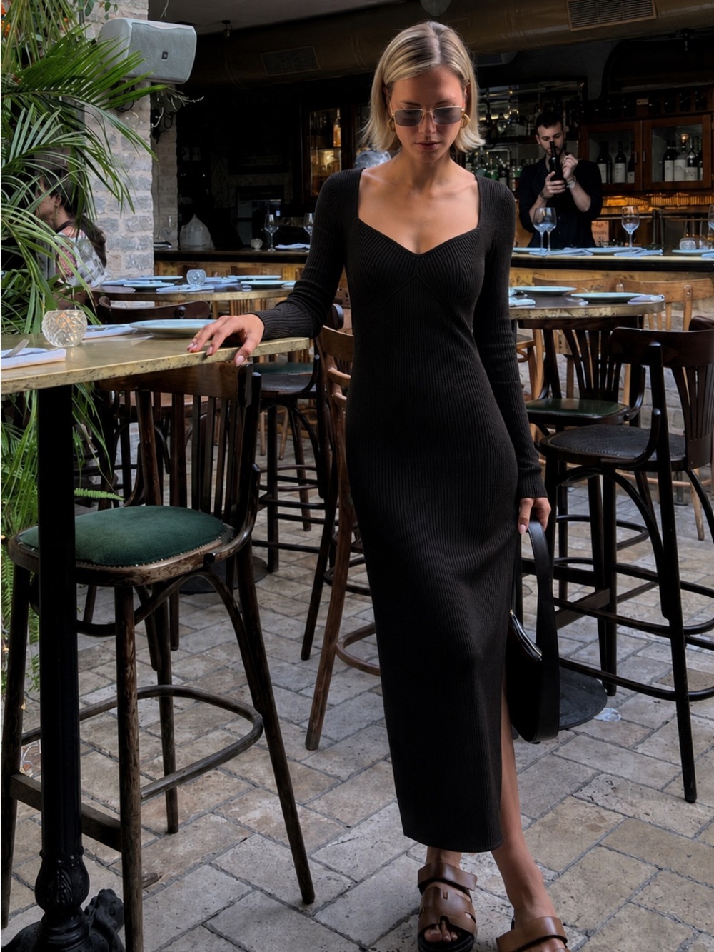 SHEIN Black Ribbed Knit Sweetheart Neck Side Slit Midi Dress XS